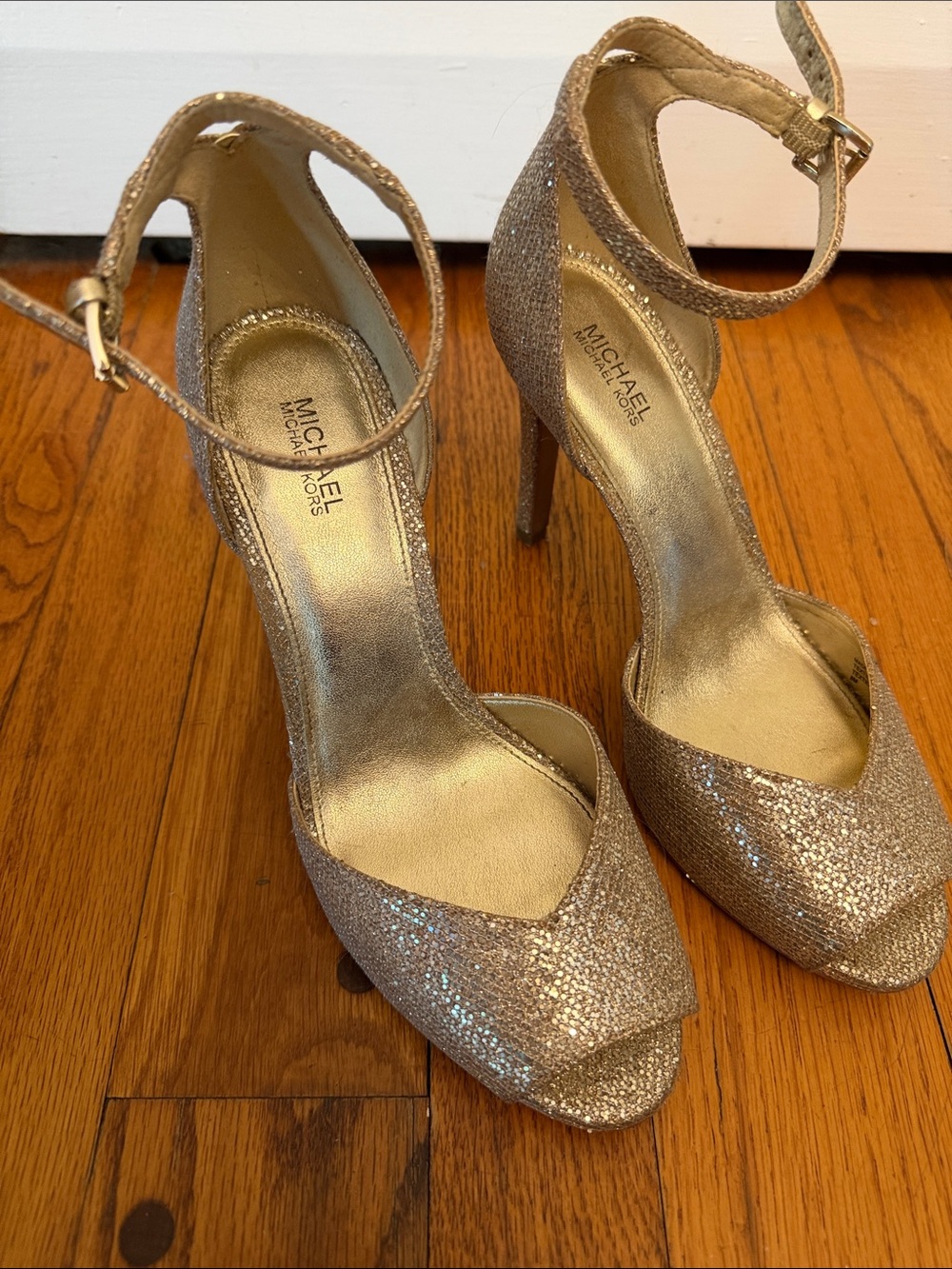 Michael Kors Glitter Gold Ankle-Strap Peep-Toe Heels